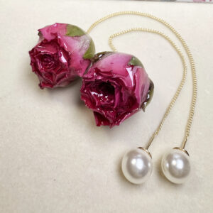 Rose Pearl Earrings, Real Flower, long chains red rose