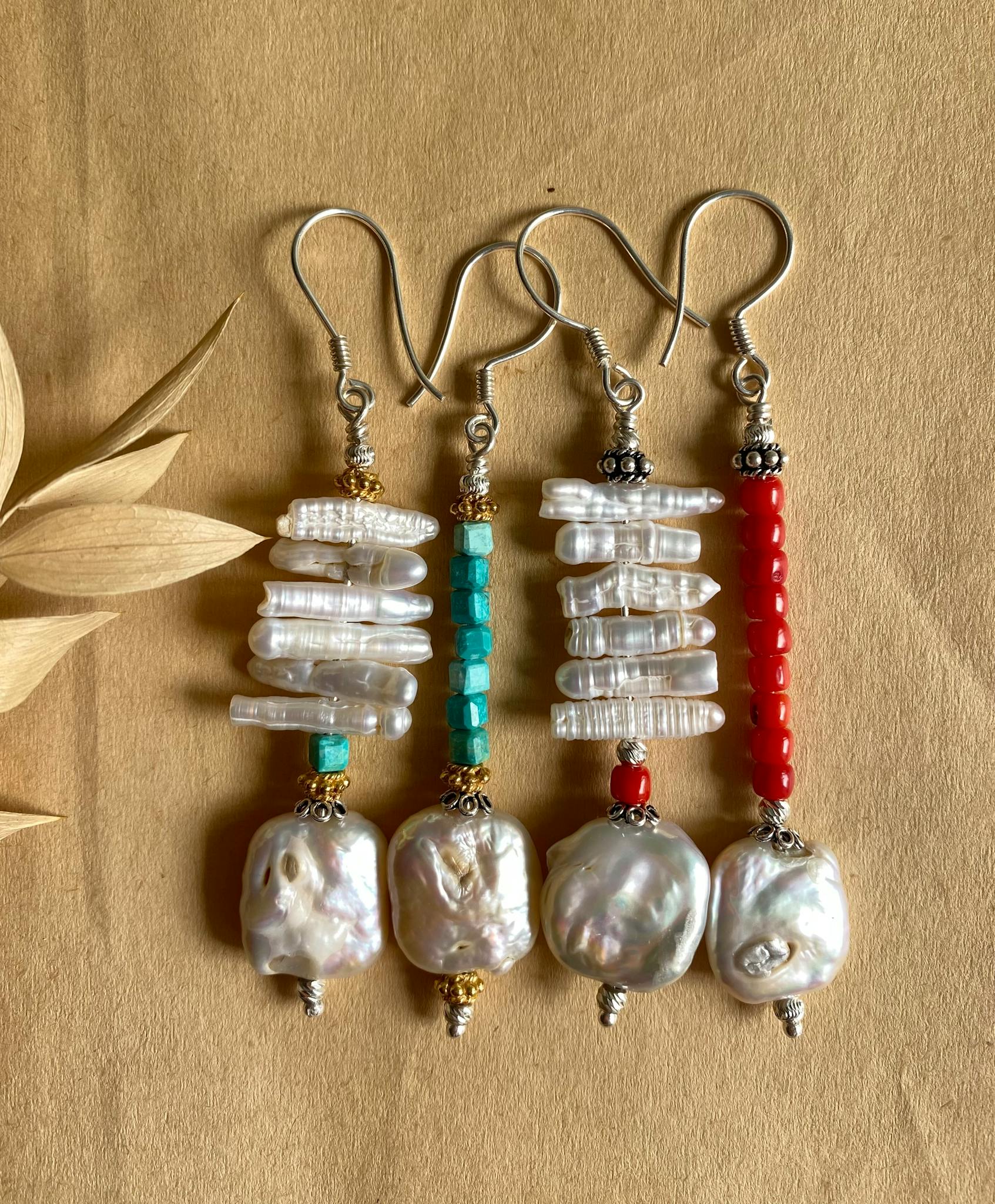 Elegant handcrafted pearl and bead earrings with unique design showcasing retro glam style.